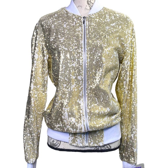 NWT Gold & White Sequin Bomber Jacket Zip Up Ribbed size Small by Blu Martini - Picture 1 of 9